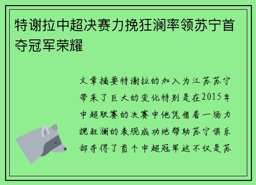 特谢拉中超决赛力挽狂澜率领苏宁首夺冠军荣耀